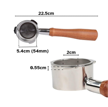 Measurement chart of a coffee filter holder with dimensions labeled.